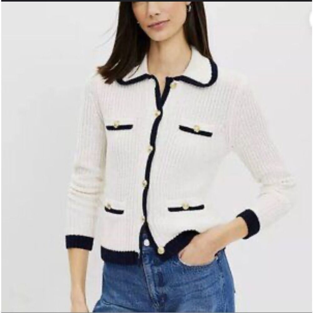 Loft tipped ribbed sweater jacket cream navy blue trim xxs
